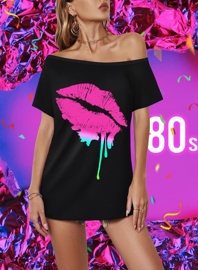 Gerophor 80s Outfit for Women Party Costumes Size for Women Clothes Novelty Neon 80s Off Shoulder T-Shirt Tops,Off Shoulder Tops Women(XXL) - Image 4